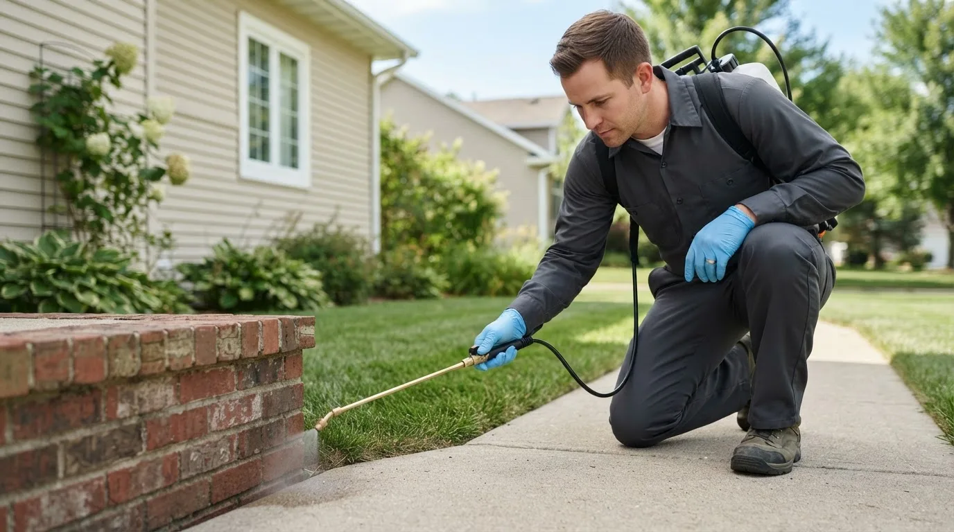 Pest control technician treating a home near Ray, MI